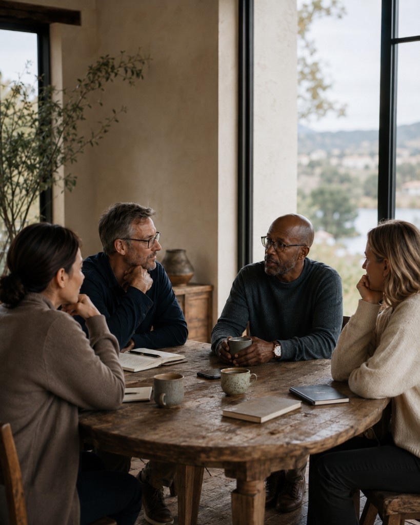Four people listening intently around a round table by large windows